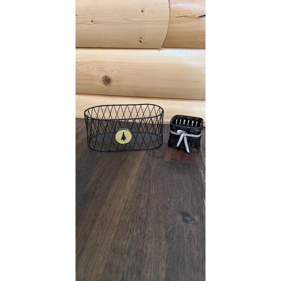 Vintage Cabin Decor Wire Basket Cutout Tree Detail & Wicker Candle Holder - Picture 2 of 2